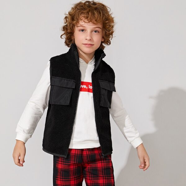 

Boys Flap Pocket Front Zip Up Fleece Vest Jacket, Black