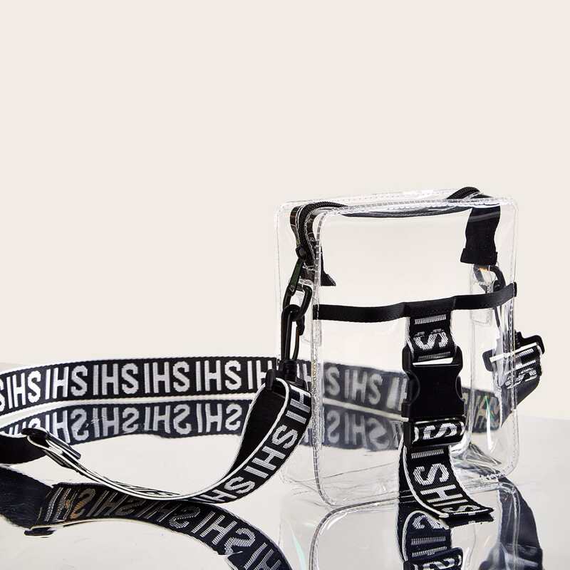 

Letter Strap Transparent Crossbody Bag, Black and white