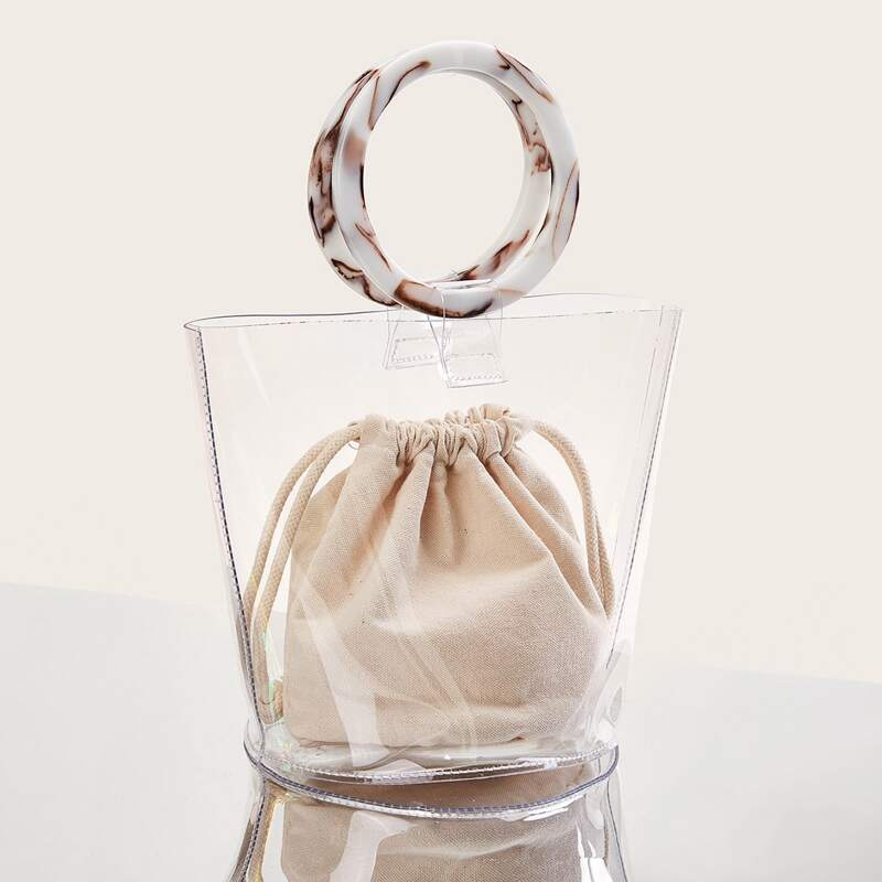 

Transparent Ring Handle Bag With Inner Clutch, Beige