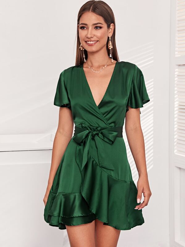 

Slit Back Ruffle Hem Wrap Belted Satin Dress, Green, Debi