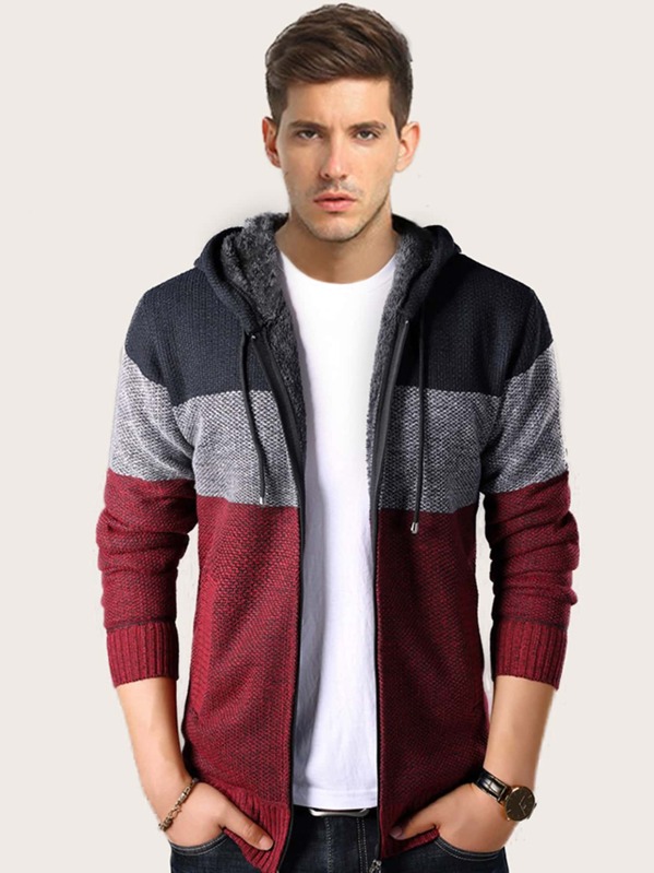 

Men Cut And Sew Zipper Front Hooded Cardigan, Multicolor