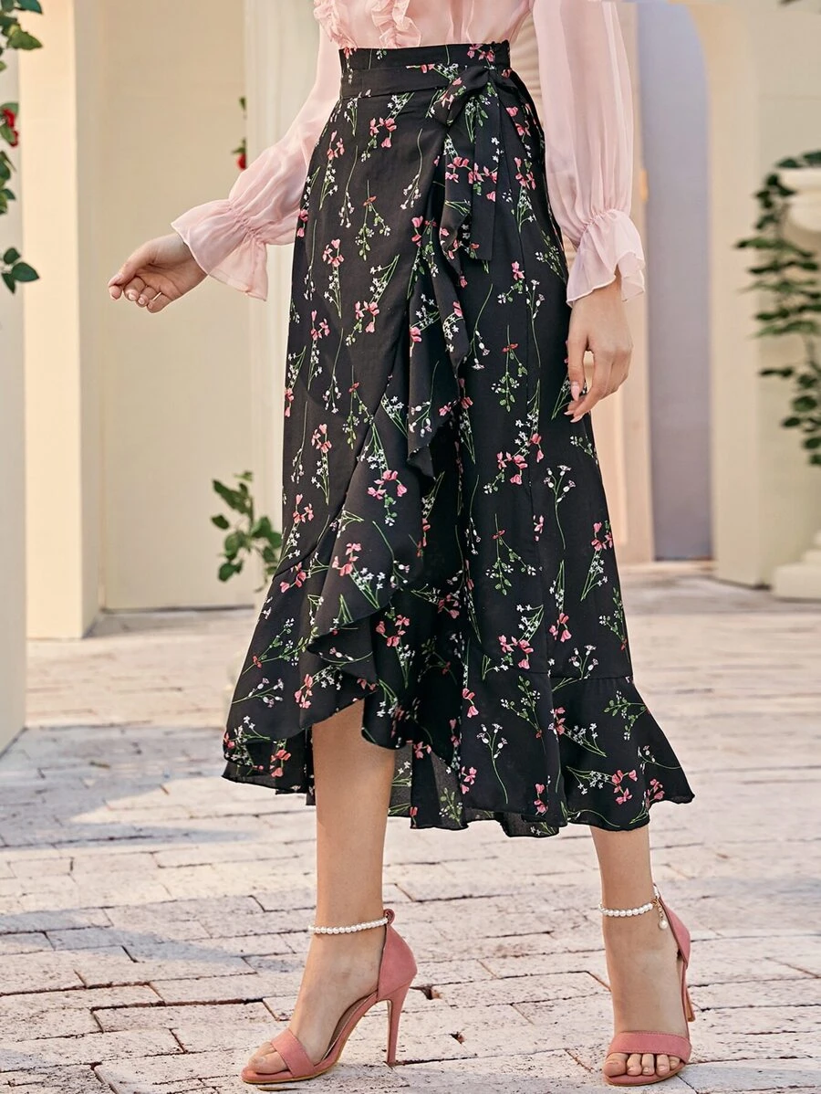 SHEIN Clasi Preto Nó Floral Boho Saia - Preto - Visão 1