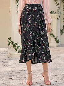 SHEIN Clasi Preto Nó Floral Boho Saia - Preto - Visão 3