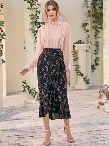 SHEIN Clasi Preto Nó Floral Boho Saia - Preto - Visão 4