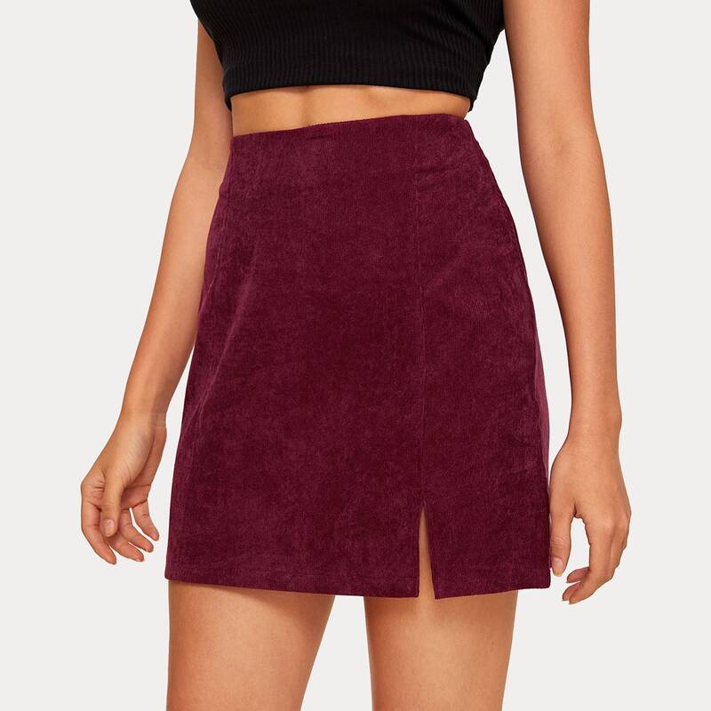 

Split Front Zip Back Corduroy Straight Skirt, Burgundy