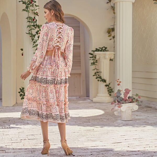 

Plunging Neck Lace Up Back Layered Tribal Print Dress, Baby pink