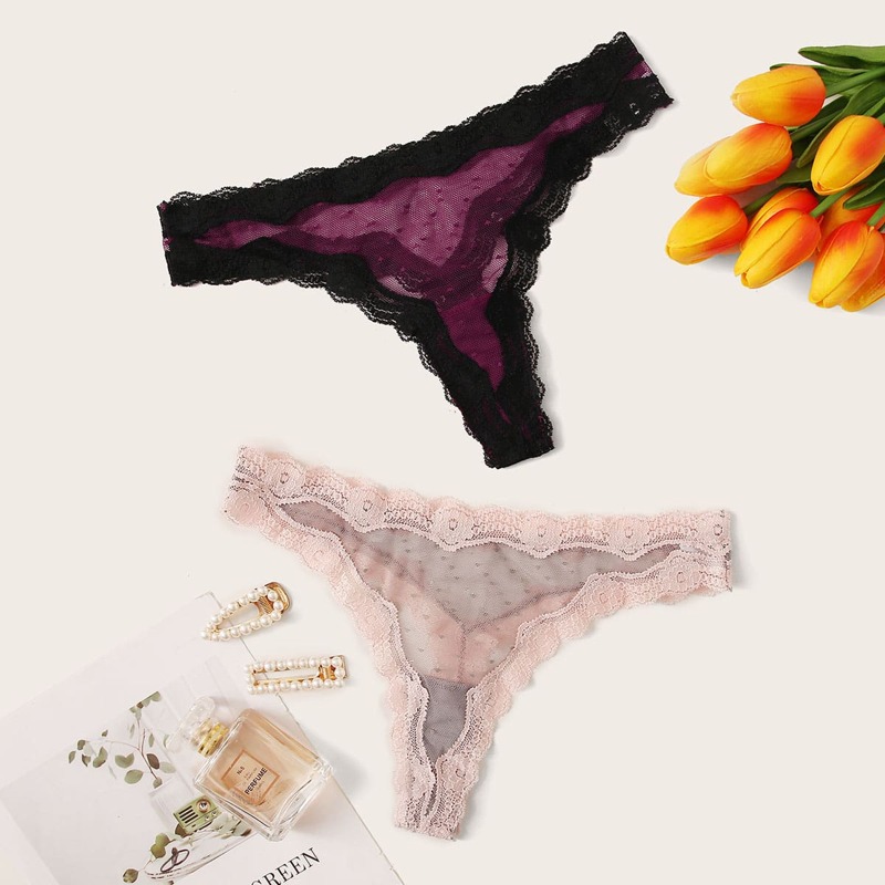

2pack Lace Trim Mesh Panty Set, Multicolor