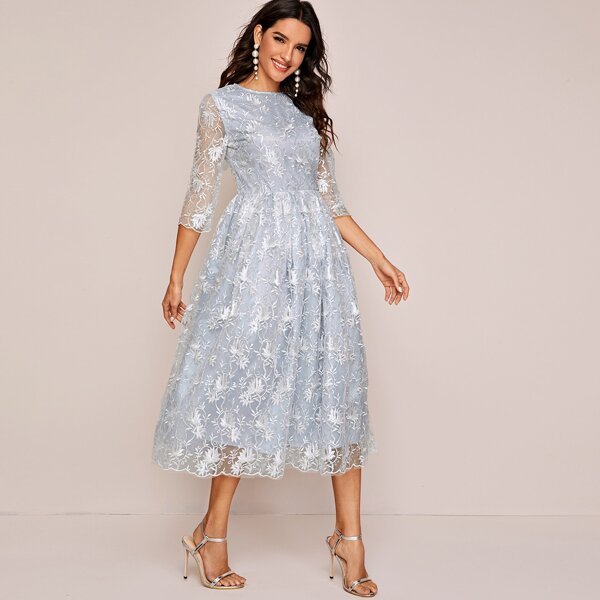 

Scallop Trim Embroidered Mesh Overlay Dress, Blue pastel