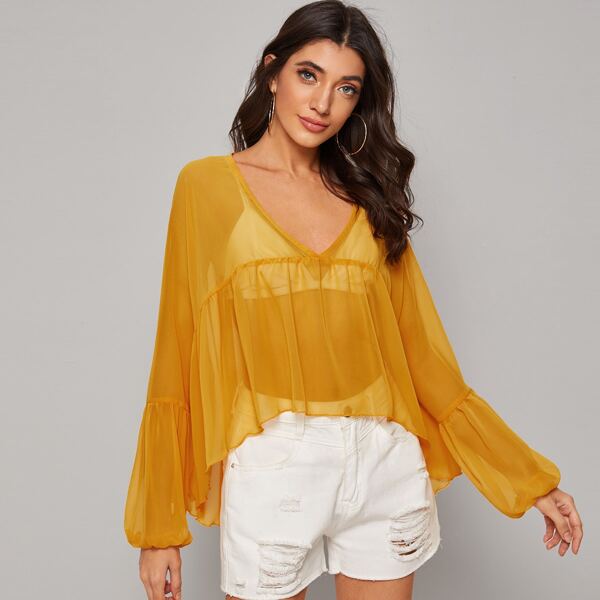 

High Low Hem Lantern Sleeve Sheer Top Without Bra, Yellow
