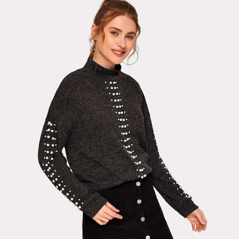 

Mock-Neck Drop Shoulder Pearls Beaded Sweater, Black