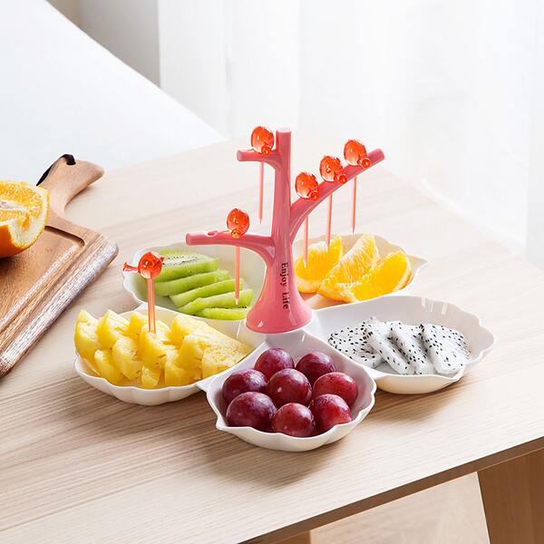 

1set 5 Compartment Tree Shape Snack Plate With 6pcs Forks