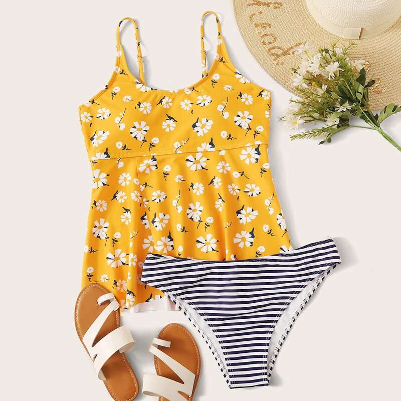 

Floral Print Top With Striped Tankini Set, Multicolor