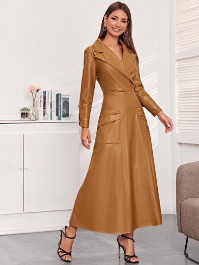 口袋細節pu皮革長款連衣裙