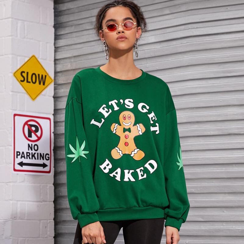 

Christmas Gingerbread Man & Letter Graphic Sweatshirt, Green