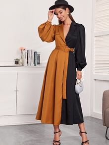 SHEIN 西裝領燈籠袖搭扣腰帶雙色連衣裙 - 彩色 - 查看 3