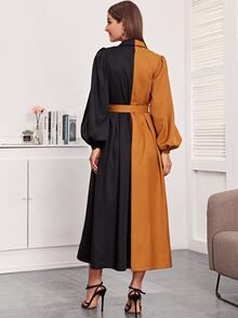 SHEIN 西裝領燈籠袖搭扣腰帶雙色連衣裙 - 彩色 - 查看 2