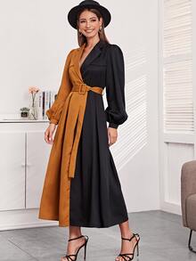 SHEIN 西裝領燈籠袖搭扣腰帶雙色連衣裙 - 彩色 - 查看 4