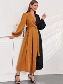 SHEIN 西裝領燈籠袖搭扣腰帶雙色連衣裙 - 彩色 - 查看 1