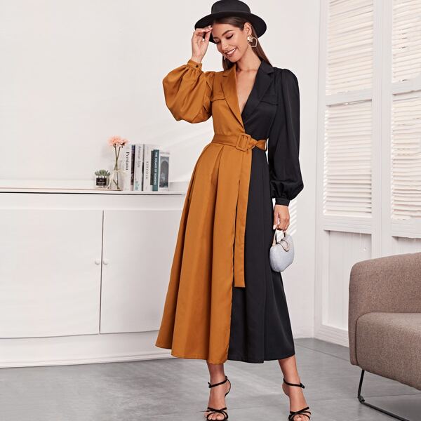 

Notched Collar Lantern Sleeve Buckle Belted Two Tone Dress, Multicolor