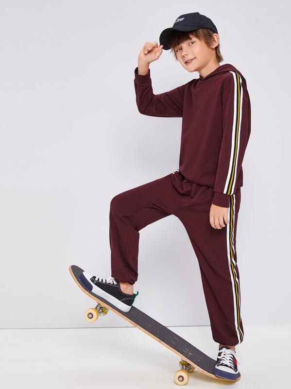 

Boys Striped Side Hoodie and Sweatpants Set, Burgundy, Bogdan