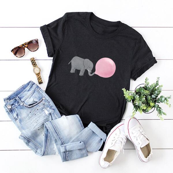 

Elephant And Balloon Print Tee, Black