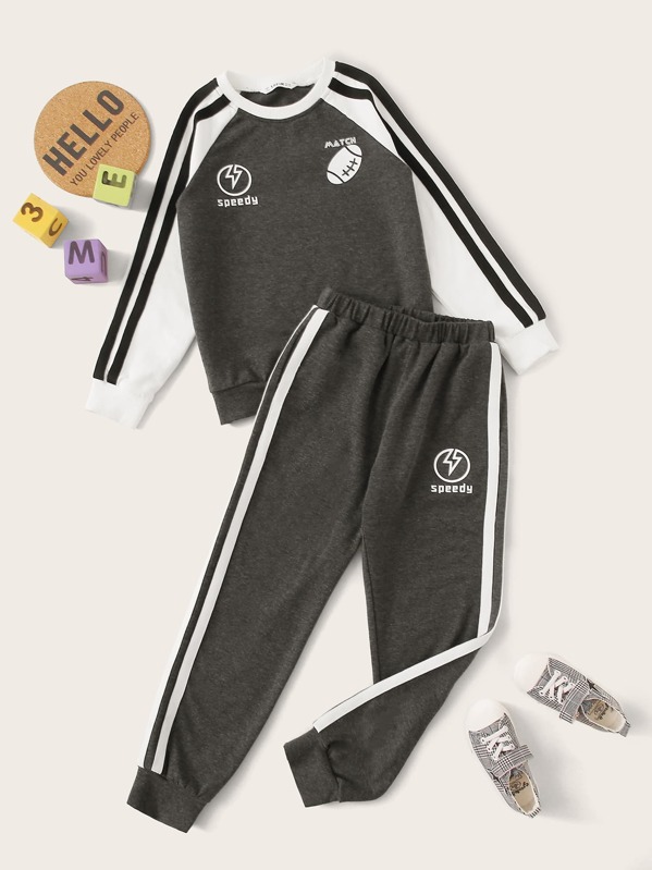 

Boys Raglan Sleeve Letter Graphic Pullover & Striped Joggers Set, Grey