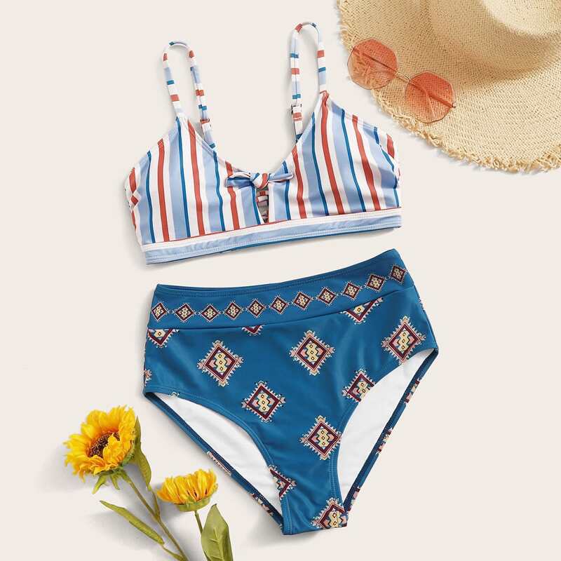 

Striped Top With Aztec Print Bikini Set, Multicolor