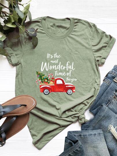 Slogan And Christmas Tree Print Tee