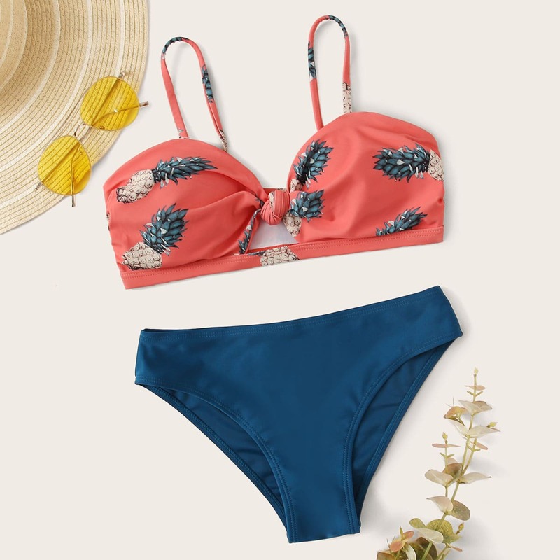 

Pineapple Print Knot Bikini Swimsuit, Multicolor