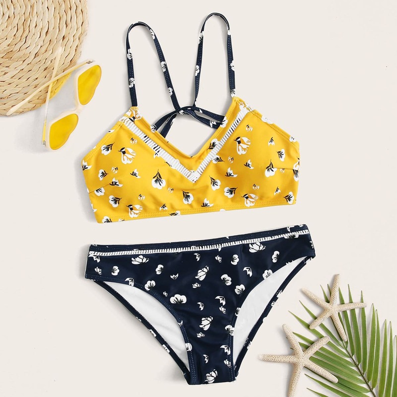 

Two Tone Floral Print Ladder Cutout Bikini Set, Multicolor