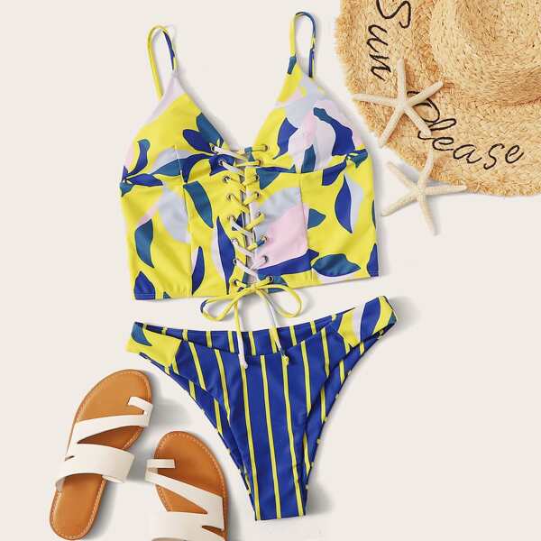 

Graphic & Striped Lace-up Top With High Cut Tankini, Multicolor