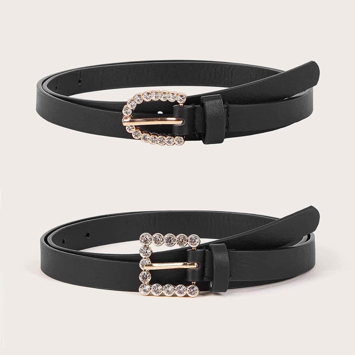 

2pcs Rhinestone Engraved Buckle Belts, Black