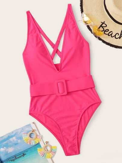 Criss Cross Belted One Piece Swimwear