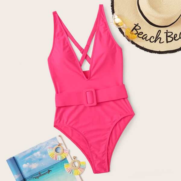 

Criss Cross Belted One Piece Swimsuit, Hot pink