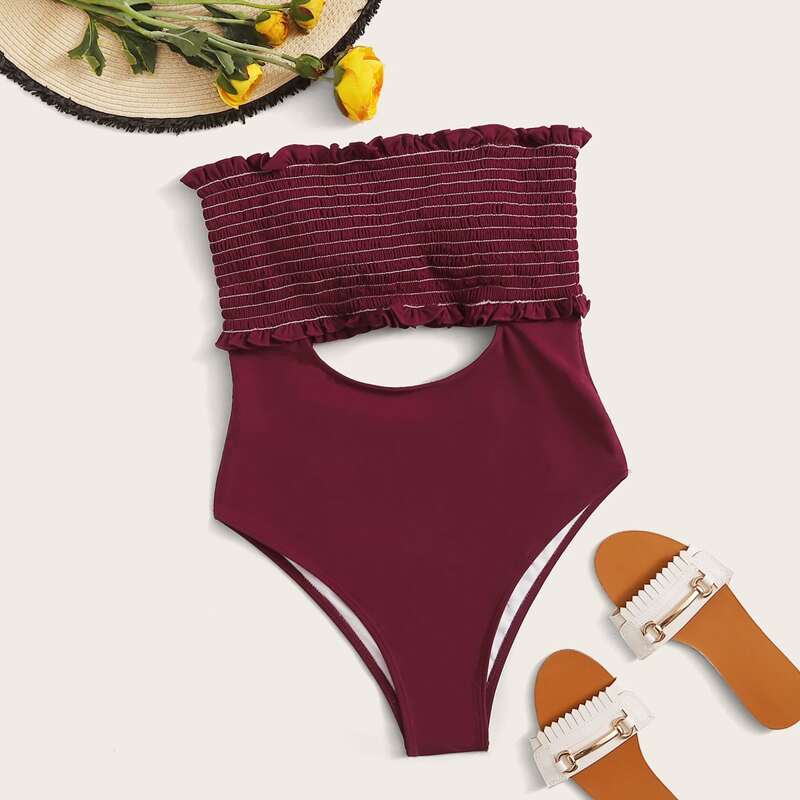

Smocked Bandeau Cut-out One Piece Swimwear, Burgundy