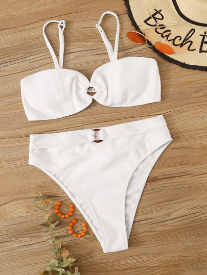Ring Linked Top With High Cut Bikini Set