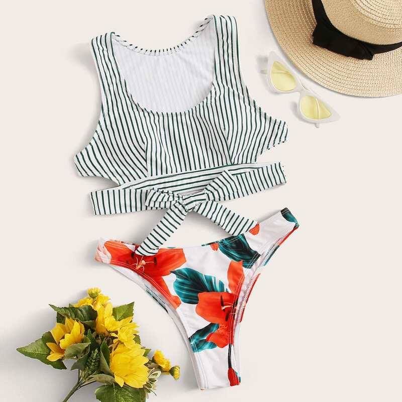 

Striped Knot Top With Floral Bikini Set, Multicolor