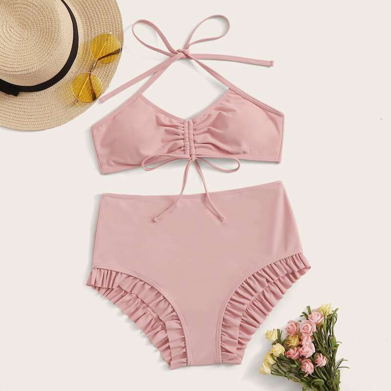 

Drawstring Halter Top With Frill Trim High Waist Bikini, Pink