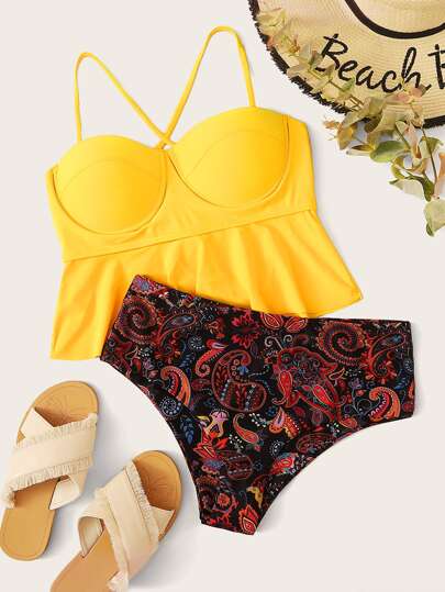 Lace-up back Top With Paisley Panty Tankini