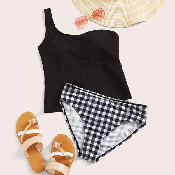 

Gingham One Shoulder Bikini Swimsuit, Black and white