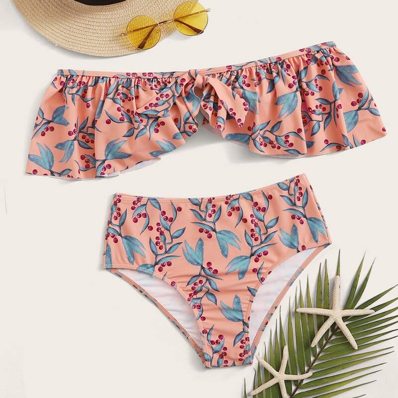 

Floral Random Print Ruffle Trim Top With High Waist Bikini, Multicolor