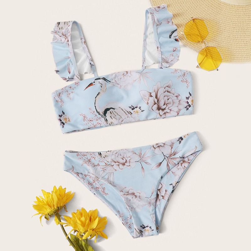 

Floral & Crane Random Print Bikini Set, Blue