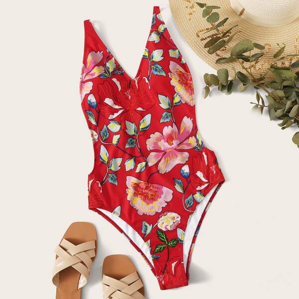 

Floral Print One Piece Swimwear, Red