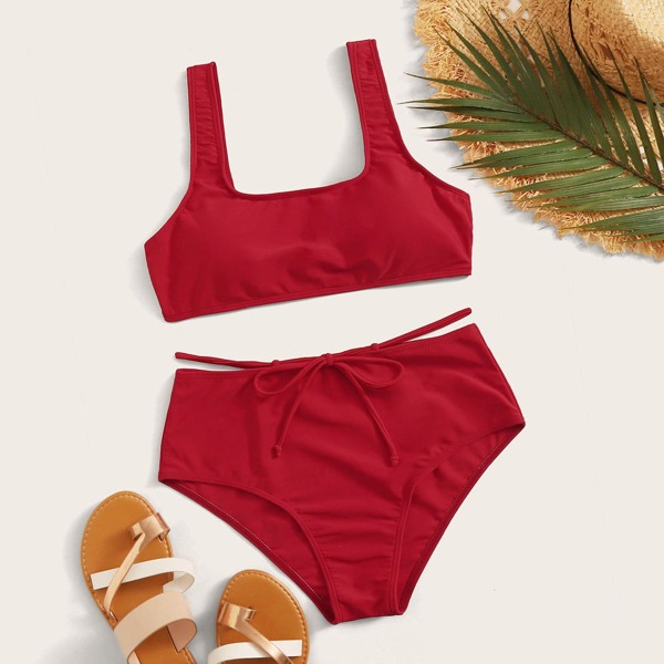 

Solid Top With Tie Front Panty Bikini, Red