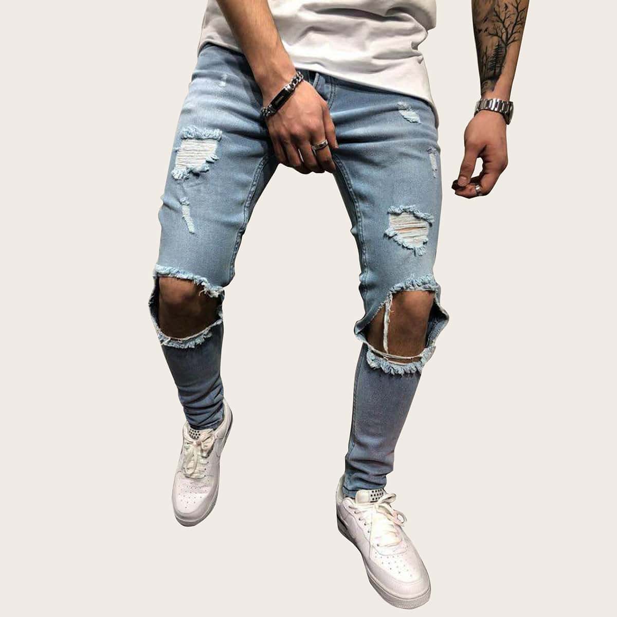 

Guys Destroyed Ripped Solid Jeans, Light wash