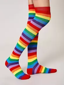 1 par de calcetines hasta la rodilla con rayas de arcoíris multicolores para mujer para uso diario - Multicolor - Ver 1