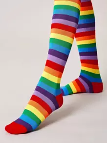 1 par de calcetines hasta la rodilla con rayas de arcoíris multicolores para mujer para uso diario - Multicolor - Ver 3