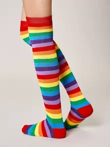 1 par de calcetines hasta la rodilla con rayas de arcoíris multicolores para mujer para uso diario - Multicolor - Ver 4