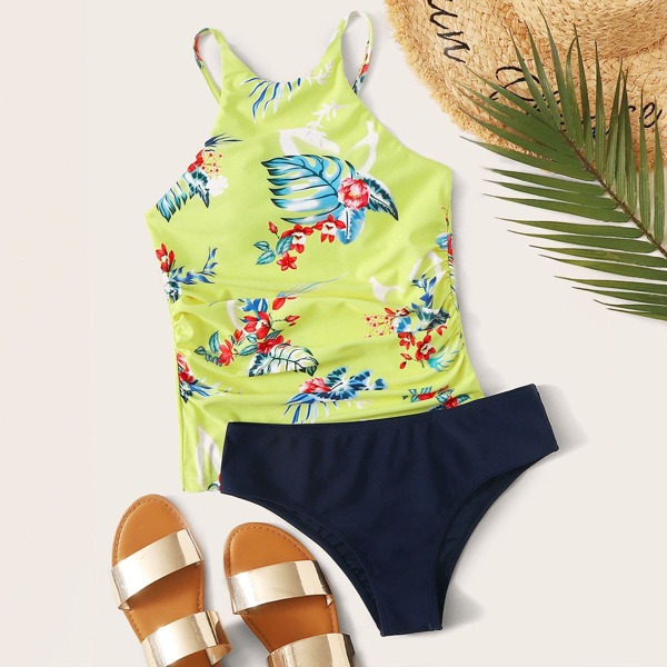 

Floral Random Print Ruched Tankini, Multicolor