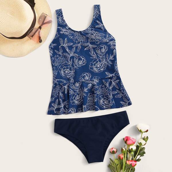 

Floral Random Print Ruffle Trim Tankini, Blue